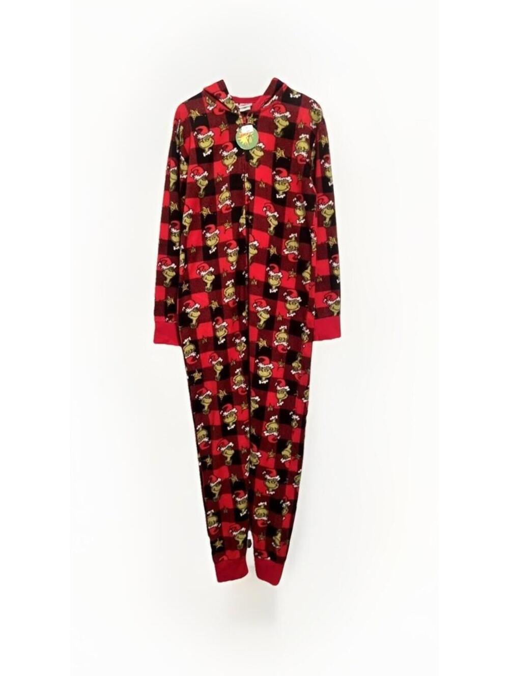 The Grinch PJ Christmas One Piece Mens / Women's Red Plaid Pyjama with Hood NEW